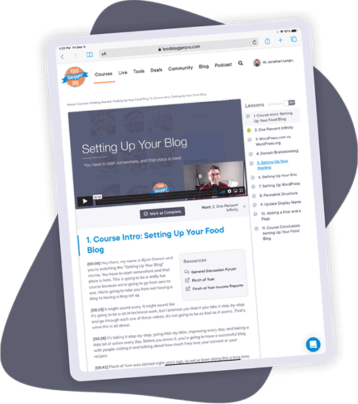 a screenshot of a Food Blogger Pro course on an iPad