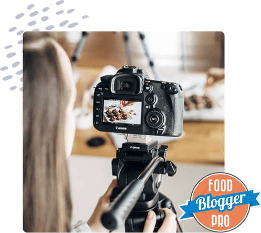 collage of a food blogger shooting a recipe video and the Food Blogger Pro logo