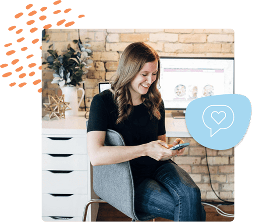 collage of a girl sitting at a desk with a phone in her hand and a heart icon