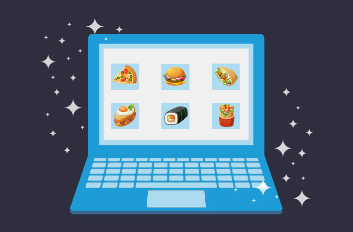 Graphic of laptop with various images of food, including pizza, hamburger, wrap, sandwich, sushi, and taco