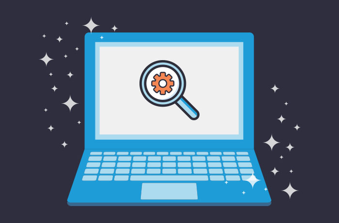 Graphic of blue laptop with a doodle of a magnifying glass with a gear icon in the middle