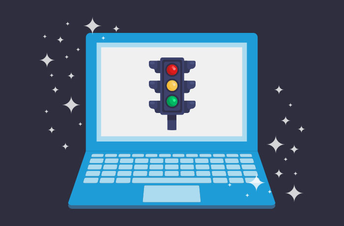 Graphic of blue laptop with a stoplight image on the screen
