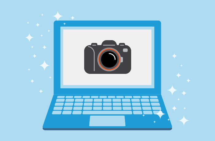 Graphic of blue laptop in front of a blue background with a black camera on the screen