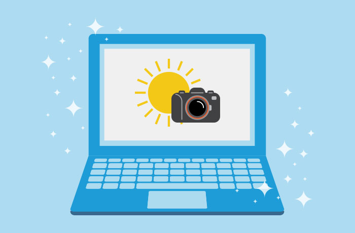 Graphic of blue laptop in front of a blue background with a black camera in front of a yellow sun on the screen