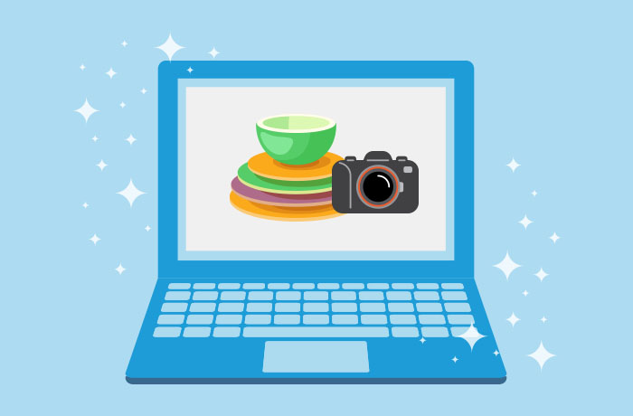 Graphic of blue laptop in front of a blue background with a black camera in front of a stack of plates and bowls