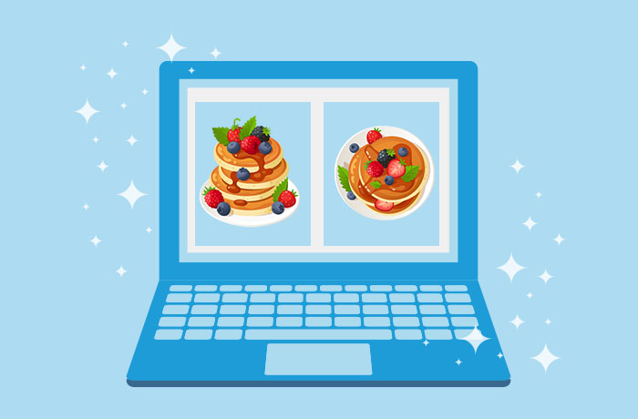Graphic of blue laptop in front of a blue background with two images side by side: a stack of pancakes viewed from top down, and a stack of pancakes viewed straight-on