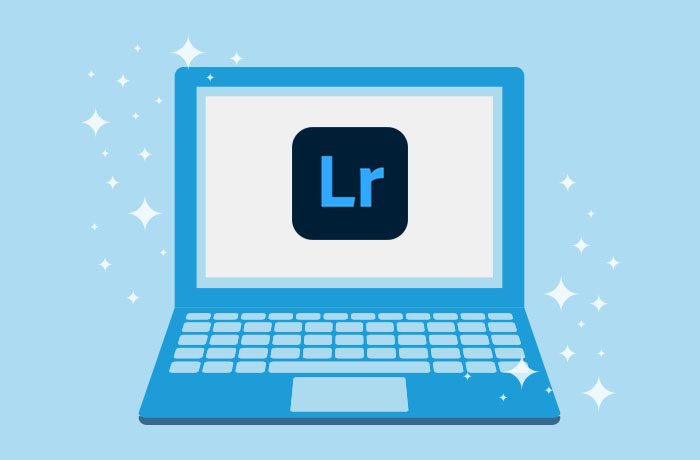 Graphic of blue laptop in front of a blue background with the Lightroom logo on the screen