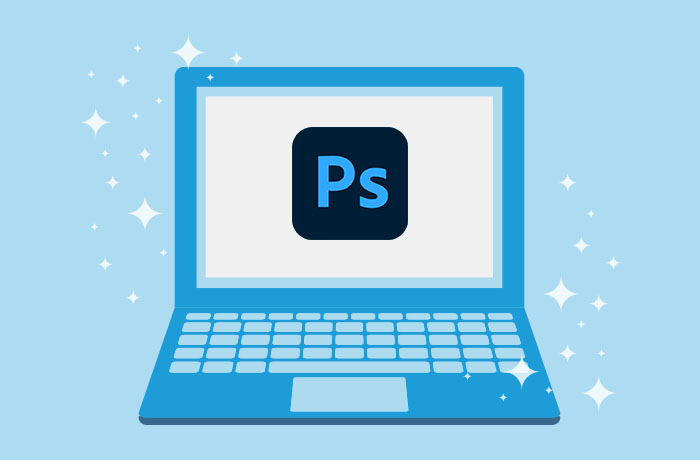 Graphic of blue laptop in front of a blue background with the Photoshop logo on the screen
