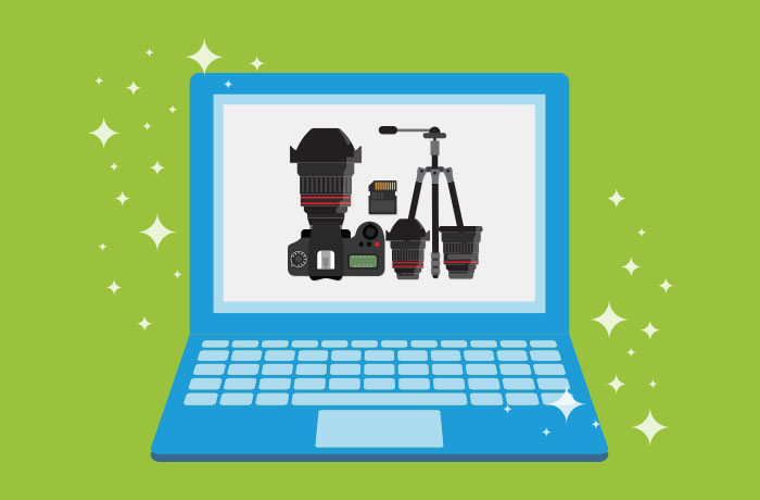 Graphic of blue laptop in front of a green background with a camera, memory card, lenses, and tripod on the screen