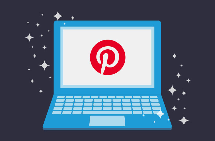 Graphic of blue laptop in front of a navy background with the Pinterest logo on the screen