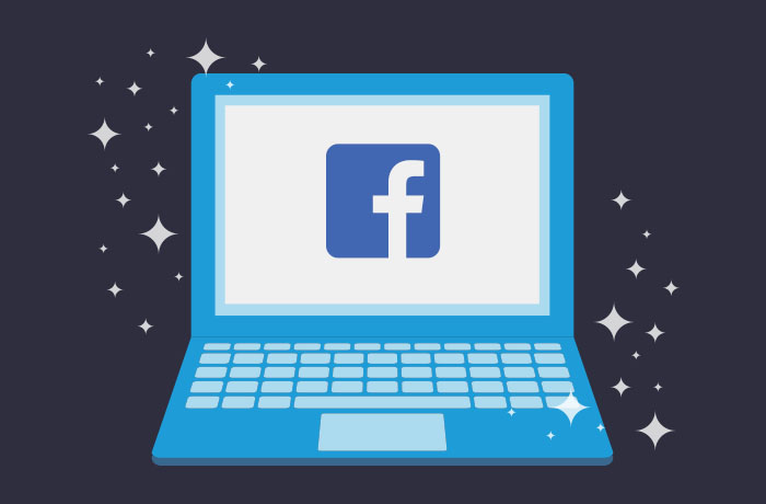 Graphic of blue laptop in front of a navy background with the Facebook logo on the screen