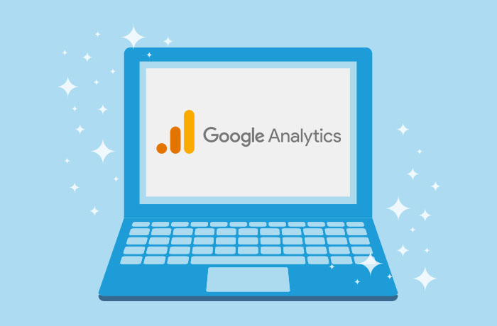 Graphic of blue laptop in front of a blue background with the Google Analytics title on the screen