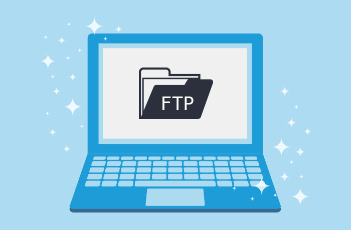 Graphic of blue laptop in front of a blue background with a computer folder labeled FTP on the screen