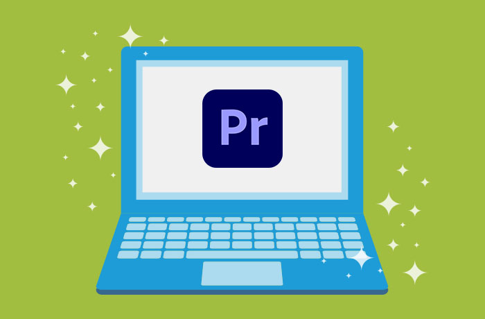 Graphic of blue laptop in front of a green background with the Adobe Premiere Pro logo on the screen