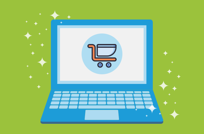 a picture of a computer with a shopping cart icon the screen against a green background