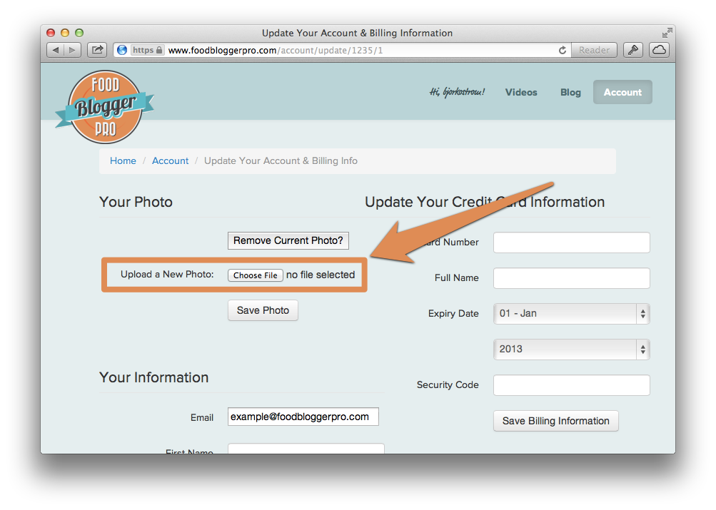 Screenshot of Food Blogger Pro account page with 'Upload a New Photo' option outlined in orange with arrow pointing to it