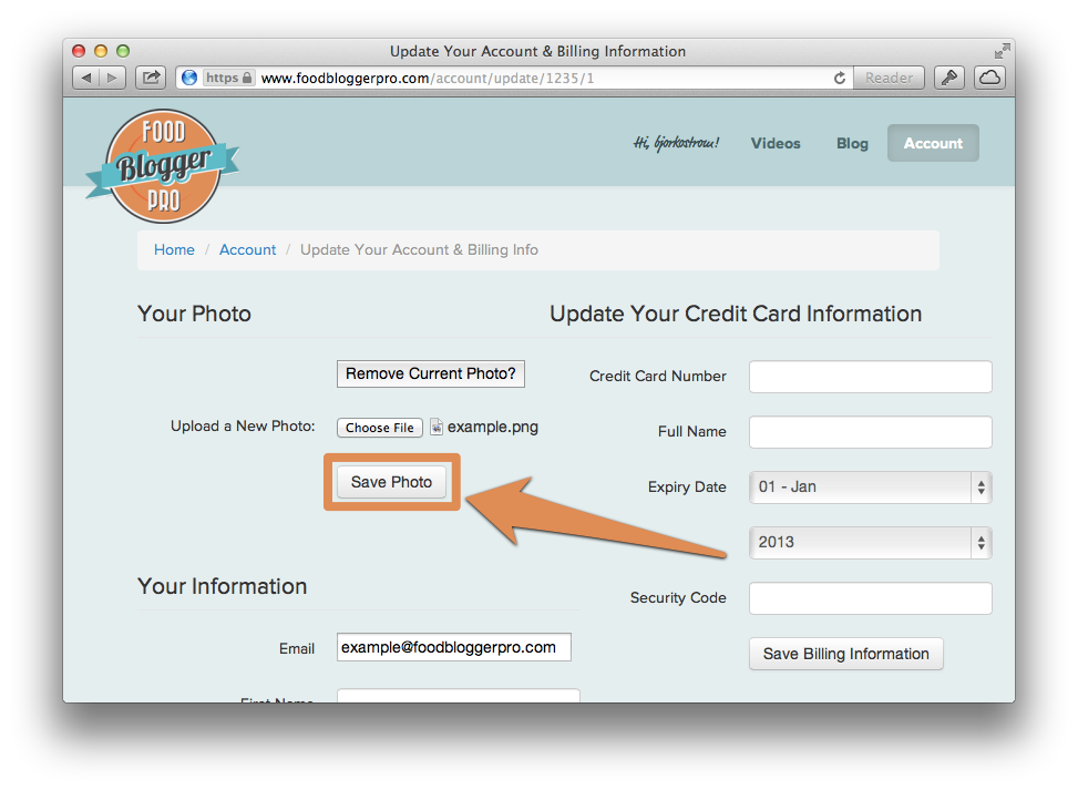 Screenshot of Food Blogger Pro account page with 'Save Photo' option outlined in orange with arrow pointing to it