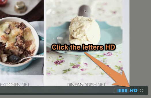 Screenshot of video with arrow pointing to HD that reads 'Click the letters HD'