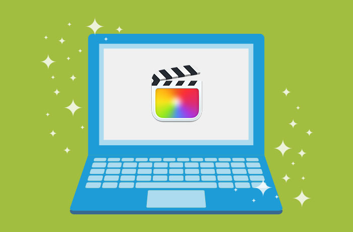 Graphic of blue laptop in front of a green background with the Final Cut Pro logo on the screen