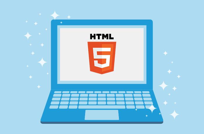 Graphic of blue laptop in front of a blue background with an HTML logo on the screen