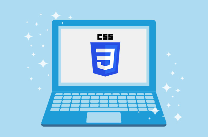 Graphic of blue laptop in front of a blue background with a CSS logo on the screen