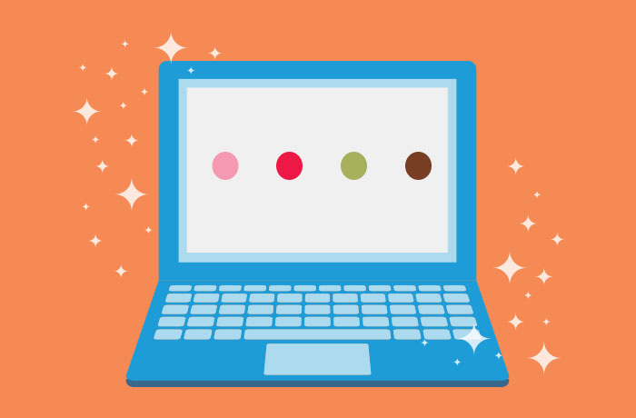 Graphic of laptop with four dots on the screen (one pink, one red, one green, one brown)