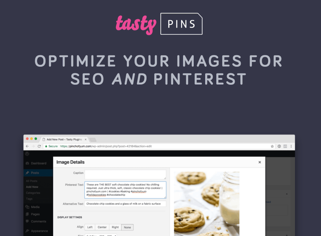 the Tasty Pins logo, a description about Tasty Pins, and a screenshot of what Tasty Pins does on WordPress