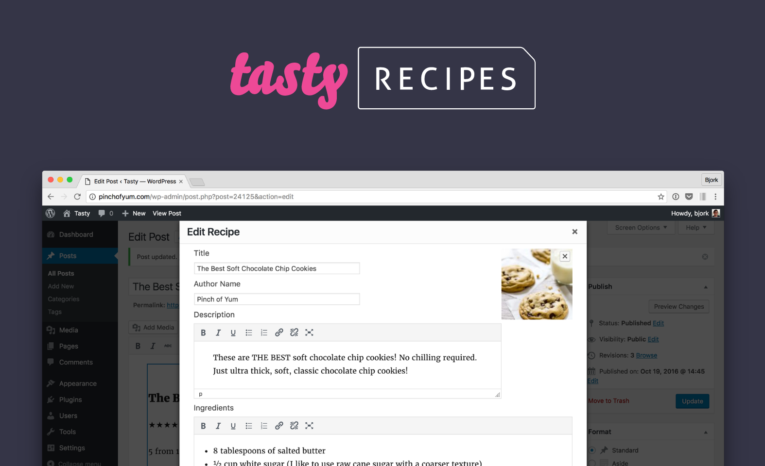 the Tasty Recipes logo and a screenshot of what Tasty Recipes does on WordPress