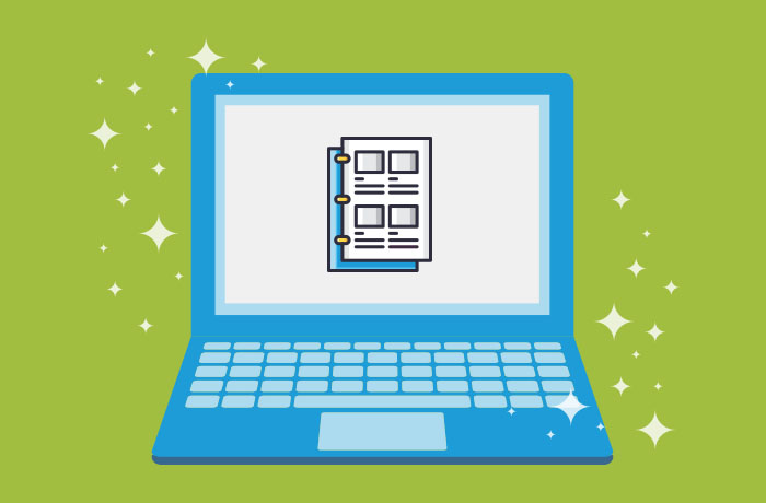 Graphic of blue laptop in front of a green background with a notebook graphic on the screen