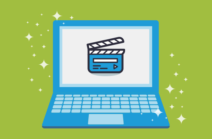 Graphic of blue laptop in front of a green background with a movie clapperboard graphic on the screen