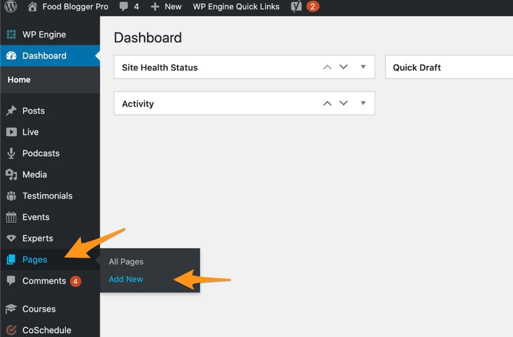 WordPress dashboard with arrows pointing to Pages and Add New
