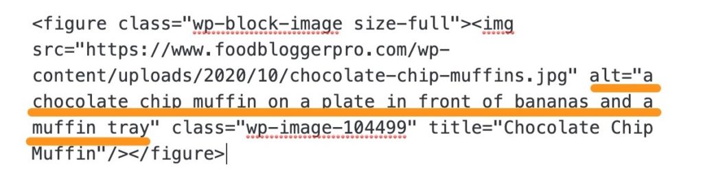 HTML version of an image in an image block on WordPress with the alt tag underlined in orange