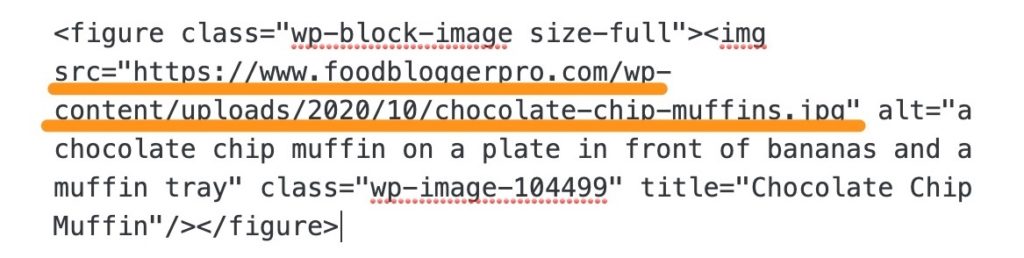 HTML version of an image in an image block on WordPress with the src tag underlined in orange