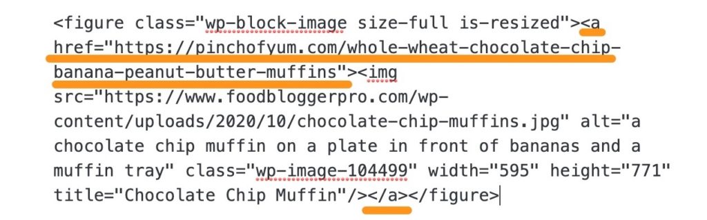 HTML version of an image in an image block on WordPress with the link tag underlined in orange