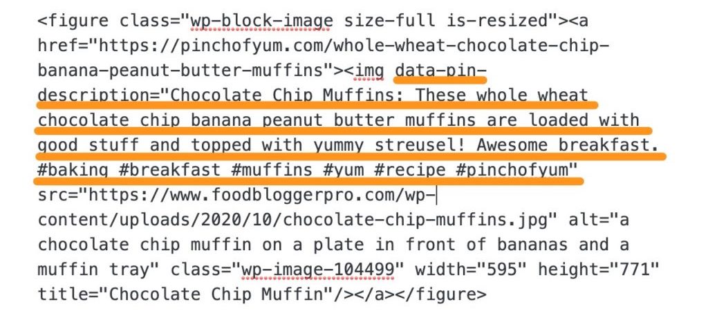 HTML version of an image in an image block on WordPress with the data-pin-description tag underlined in orange