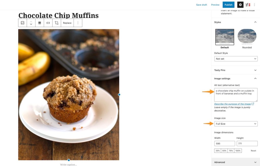 A WordPress post with a picture of muffins and arrows pointing to image settings