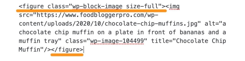 HTML version of an image in an image block on WordPress with the figure tag underlined in orange
