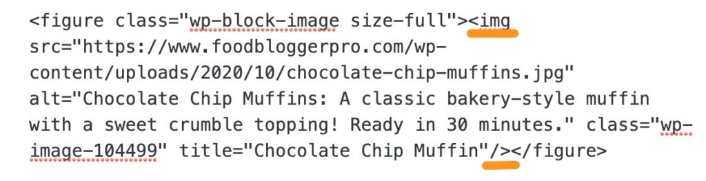 HTML version of an image in an image block on WordPress with the img tag underlined in orange