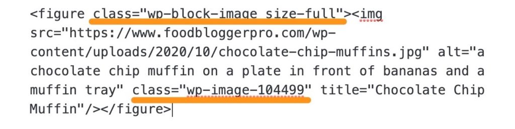 HTML version of an image in an image block on WordPress with the class tag underlined in orange
