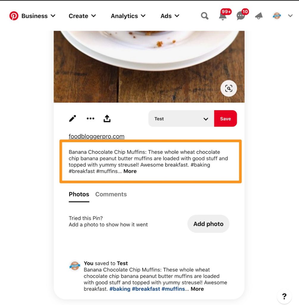 Pin with the Pinterest Description highlighted in orange
