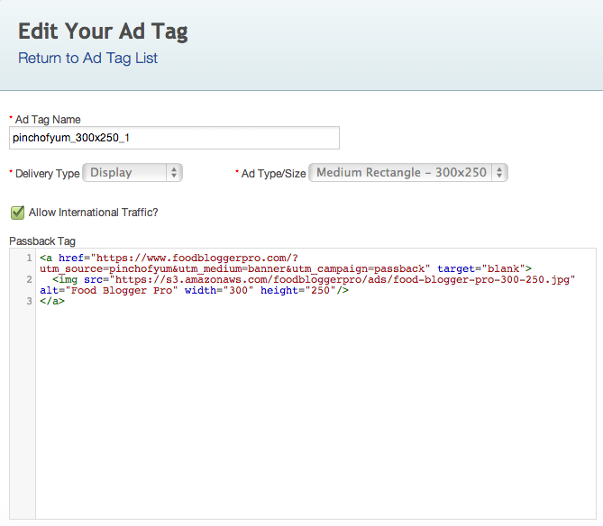 Passback tag area that reads 'Edit Your Ad Tag'