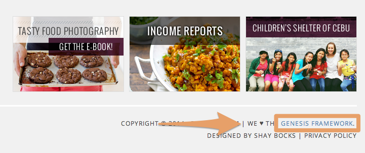 Pinch of Yum footer with 'Genesis Framework' outlined in orange with arrow pointing to it