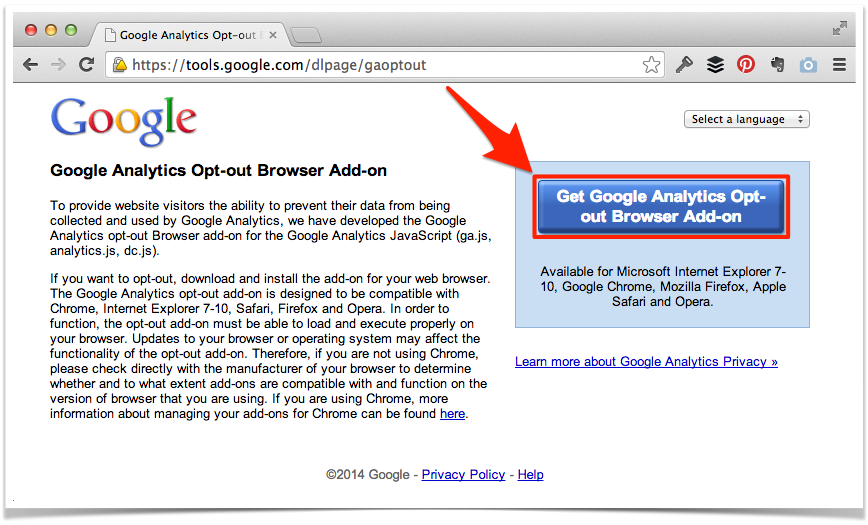 Screenshot of the Google Analytics Opt-out Browser Add-On