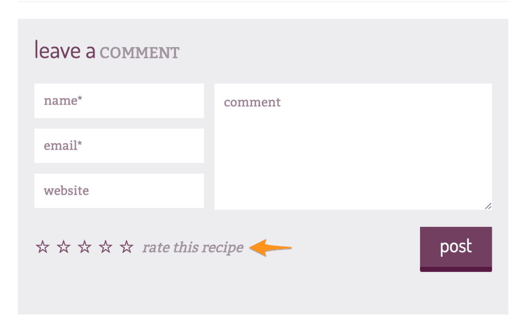 Comment box on Pinch of Yum with an arrow pointing to the recipe rating area