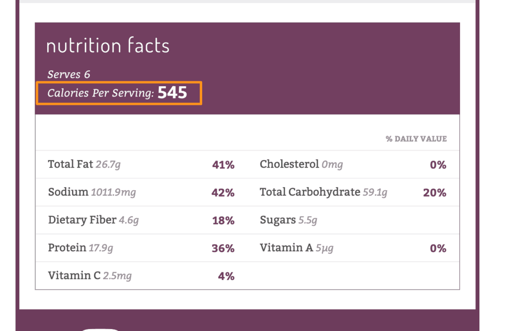 Captura de pantalla de una receta suprema de Crunchwrap Vegana con una pizca de Ñame con las calorías resaltadas