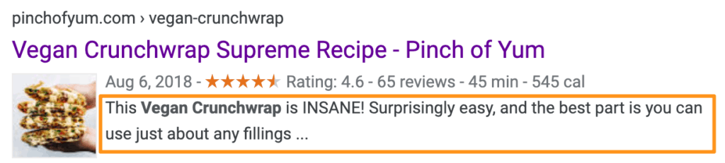 wynik wyszukiwania Google dla 'vegan crunchwrap supreme' z podświetlonym opisem