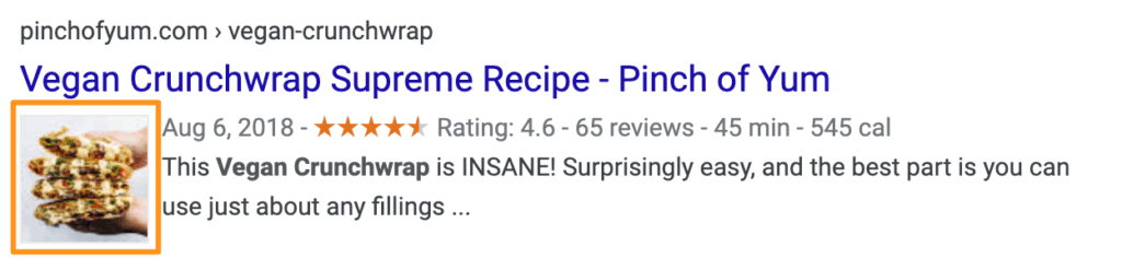 Google Search result for 'vegan crunchwrap supreme' with the picture highlighted