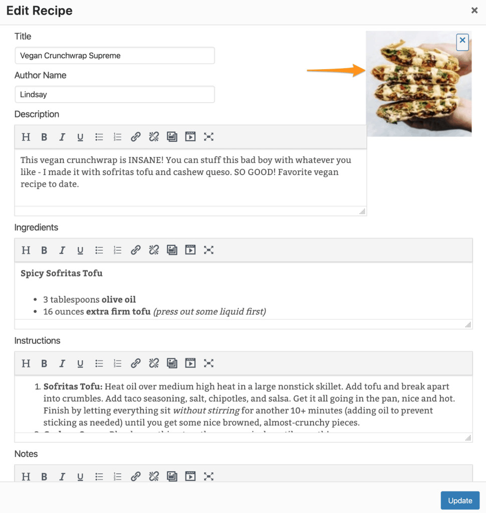 Tasty Recipes editor with an arrow pointing to the photo