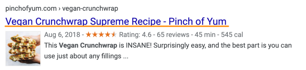 wynik wyszukiwania Google dla 'vegan crunchwrap supreme' z podkreślonym tytułem