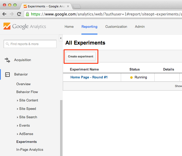 Google Analytics All Experiments area with 'Create experiment' highlighted